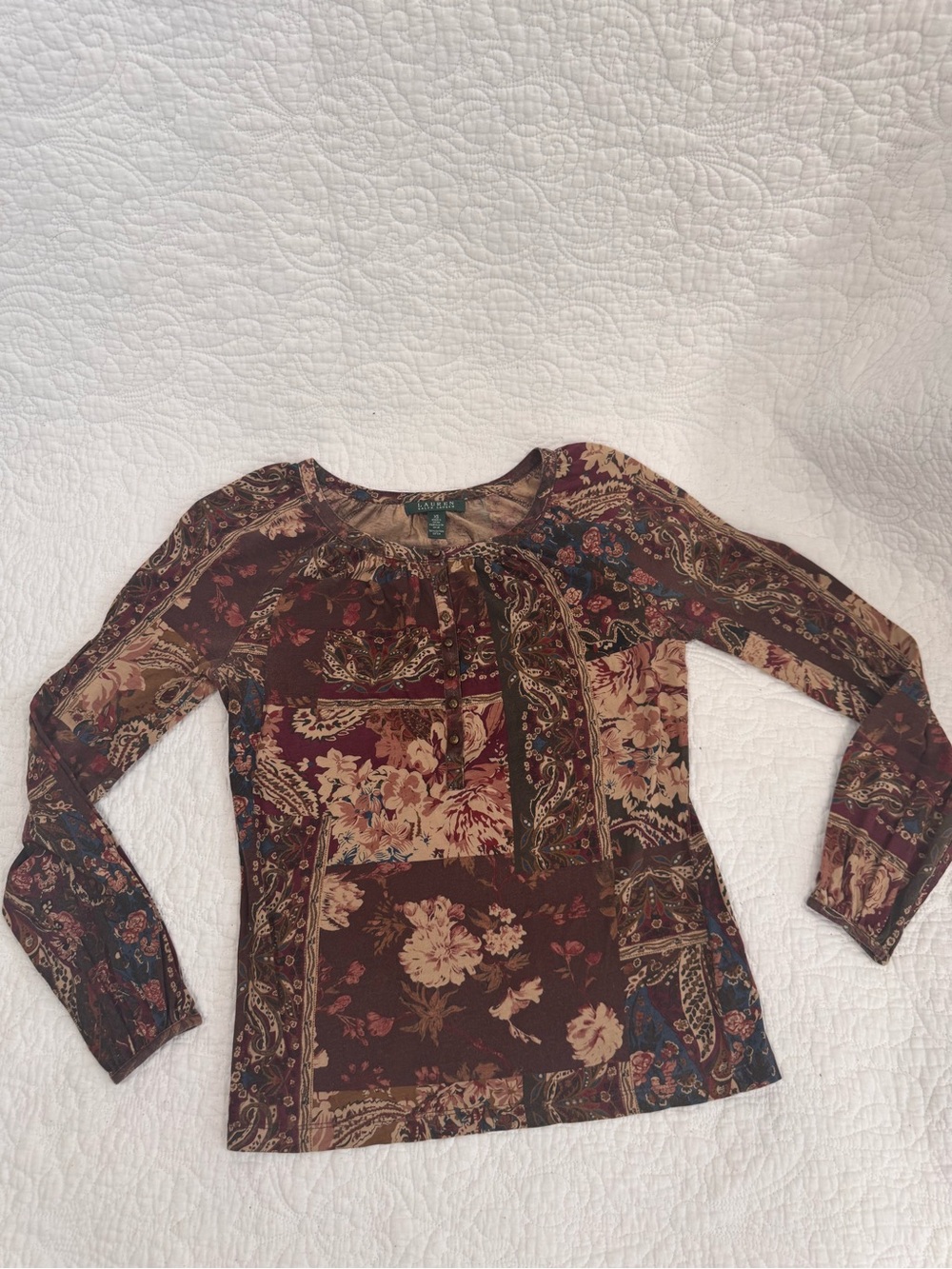 Ralph Lauren Brown Floral Patchwork Long-Sleeve Tee